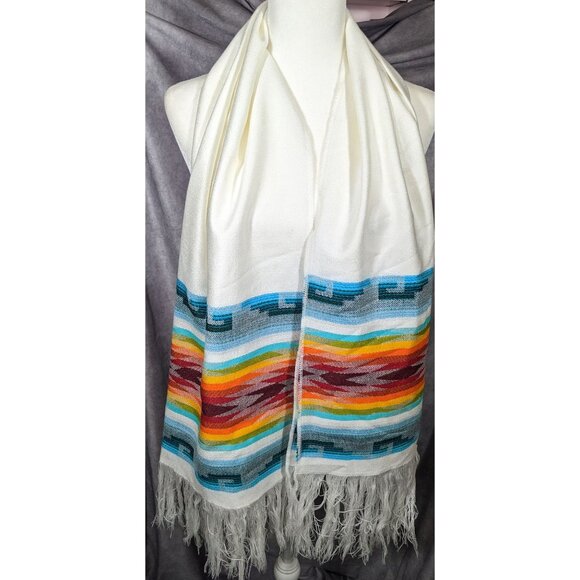 Handwoven Southwestern White And Rainbow Scarf With Fringe - Picture 5 of 8